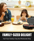 FineMade Double Mini Grill Maker with burger patties, used by family for quick lunches in kitchen setting.