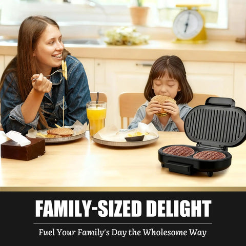 FineMade Double Mini Grill Maker with burger patties, used by family for quick lunches in kitchen setting.