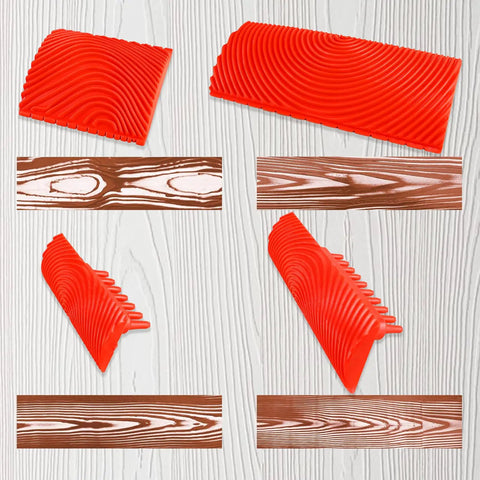 Five Piece Soft Rubber Wood Graining Tools Set For DIY Painting shown with realistic wood grain patterns