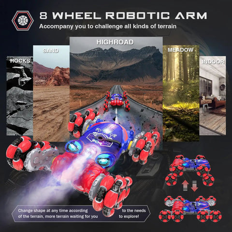 8WD Gesture Sensing RC Car With Spray Lights, 2.4GHz Remote showcased on different terrains, highlighting versatility and features.