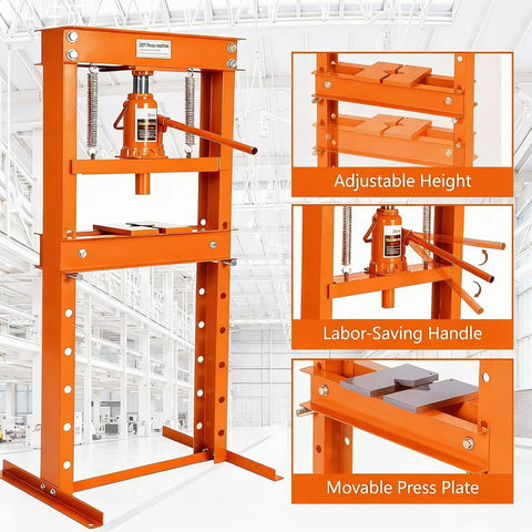 Heavy Duty 20 Ton Hydraulic H Frame Shop Press With Adjustable Worktable And Removable Stamping Plates Built Tough As Nails For Garage Pros And Metalworkers Who Want To Handle Heavy Loads Without Breaking A Sweat In Bright Orange showing adjustable height and labor-saving handle.