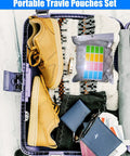 Open suitcase with shoes, toiletries, and 17 Pack Travel Toiletry Pouches Leak Proof TSA Approved Stand Up Refillable Travel Containers
