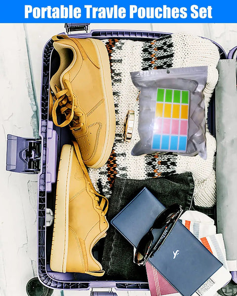 Open suitcase with shoes, toiletries, and 17 Pack Travel Toiletry Pouches Leak Proof TSA Approved Stand Up Refillable Travel Containers
