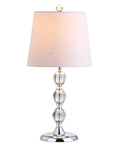 Clear Crystal 20 Inch Mini LED Table Lamp in Chrome Finish with White Linen Drum Shade, a sleek lit modern traditional bedside lamp.