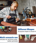 Man using All In One Leather Punch Kit With 52 Shape Punch Cutters and tools on a workbench for leather crafting projects.