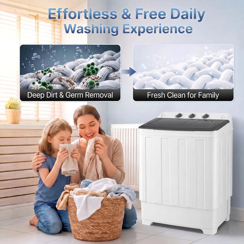 Portable Twin Tub Washing Machine With 19 Pound Washer And 11 Pound Spinner Dryer Featuring A Heavy Duty Drain Pump for family laundry.