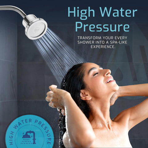 Woman enjoying shower under High Output Shower Filter Head For Hard Water Removes Chlorine And Heavy Metals For Spa Level Water Softer Skin Stronger Hair And Healthier Nails For Every Shower