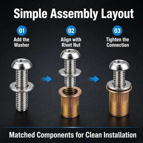 40-Piece 1/4-20 Rivet Nut and Bolt Hardware Kit With Carbon Steel Rivnuts, Stainless Steel 3/4 Inch Button Head Socket Cap Screws, And Flat Washers For Versatile, Heavy-Duty Fastening Projects assembly steps