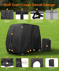4 Passenger Heavy Duty Golf Cart Cover 420D Waterproof with extended roof shown on golf cart with detailed design features
