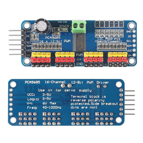 Four Pack PCA9685 16 Channel 12 Bit PWM Servo Driver Board For I2C Interface showing top and bottom views.