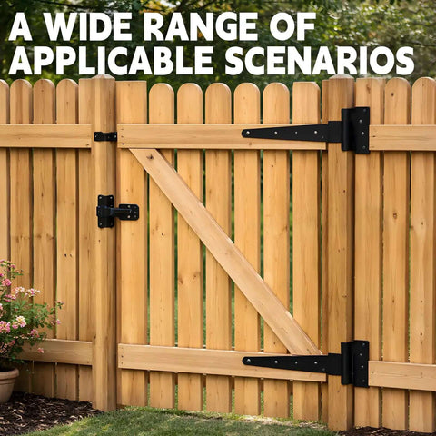 Wooden fence gate with Sturdy 4 Piece 14 Inch Heavy Duty T Hinges Set For Shed Doors Barn Doors And Fence Gates Rust Resistant Wrought Iron