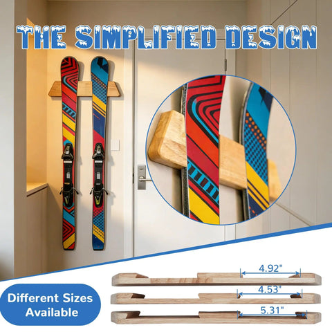 Killer Horizontal Solid Wood Ski Rack Wall Mount With Heavy Duty Build And Slick Natural Finish For Garage Home Or Cabin Display Of Mountain Touring And Vintage Skis In Medium Size, showing two skis mounted.