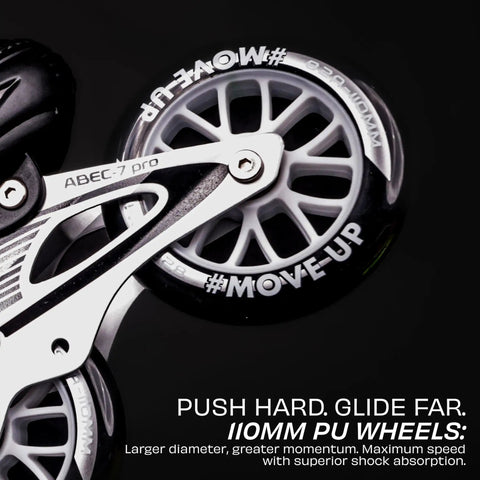 Close-up of Speed Pro Adjustable Inline Skates For Kids Unisex Outdoor with 110mm wheels and aluminum frame showing ABEC 7 bearings.
