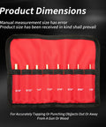 Eight Piece Brass Pin Drive Punch Set With Red Storage Pouch for Bench Work shown with brass punches and size measurements