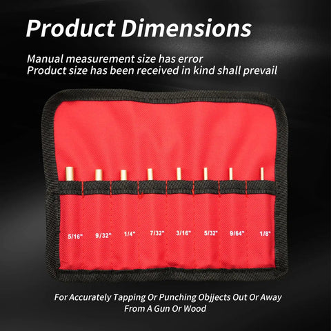 Eight Piece Brass Pin Drive Punch Set With Red Storage Pouch for Bench Work shown with brass punches and size measurements