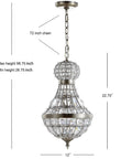 12 Inch Antique Brass And Clear Regina Empire LED Pendant Light With Crystal Shade Dope Adjustable Hanging Chandelier For Dining Room Kitchen And Foyer LED Bulb Included, showing detailed measurements with 72 inch chain and 22.75 inch height.