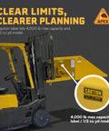 Heavy Duty Front Loading Forklift Bucket Half Cubic Yard Capacity 45 Inch Wide Self Dumping Scoop showing caution label.