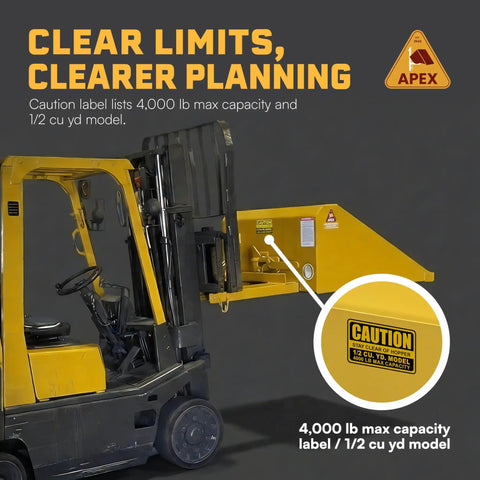 Heavy Duty Front Loading Forklift Bucket Half Cubic Yard Capacity 45 Inch Wide Self Dumping Scoop showing caution label.