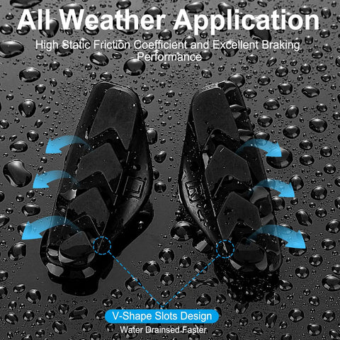 2 Pairs Premium Bike Brake Pads for Road Caliper Brakes 50mm shown with V-shape slots on wet surface for all-weather application.