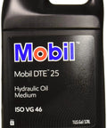 Mobil DTE 25 hydraulic oil container, 1 gallon size, black bottle with label, suitable for trucks and machinery.
