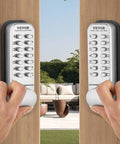 Person using No Battery Needed Mechanical Keyless Entry Door Lock With 14 Key Set on wooden door outdoors.