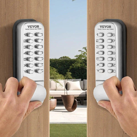 Person using No Battery Needed Mechanical Keyless Entry Door Lock With 14 Key Set on wooden door outdoors.