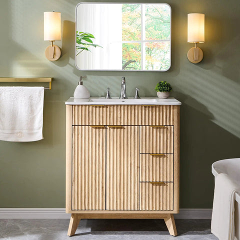 Smooth 30 Inch Fluted Bathroom Vanity With White Ceramic Sink Solid Natural Oak Build Wave Form Curve Design Fresh Urban Vibes Straight Up Daily Upgrade