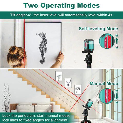Dual Mode Laser Level With Self Leveling Cross Lines, Pro Grade Accuracy for picture hanging with magnetic bracket and tripod