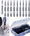 33 Piece Damaged Screw Extractor Kit with magnetic extension and storage box, showing drill bits, extractors, and socket adapter.