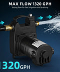 No Sweat Half Horsepower Water Transfer Pump Knocking Out 1320 Gallons Per Hour At 47 Psi with brass fittings and strong water flow.