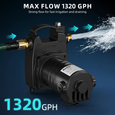 No Sweat Half Horsepower Water Transfer Pump Knocking Out 1320 Gallons Per Hour At 47 Psi with brass fittings and strong water flow.