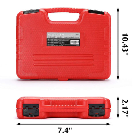 Red case for 62-Piece One Quarter-Inch Drive Socket Set With Ratchets Universal Joint Extensions And Bits SAE And Metric Six-Point Sockets