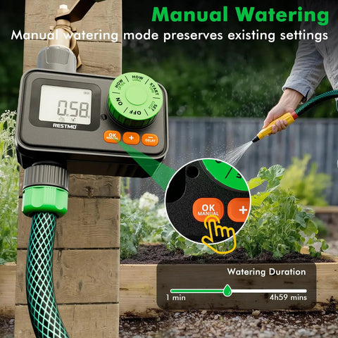 Image of a programmable sprinkler timer for garden hose with rain delay and manual on off great for drip irrigation and lawn watering