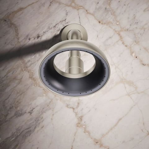 Statement VES Single-Function Showerhead 1.5 GPM Vibrant Brushed Nickel, wide coverage spray, facing upward on marble surface