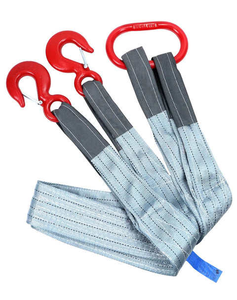 Heavy Duty Two Leg Bridle Web Sling Polyester Lifting Strap With Tough Steel Grab Hooks 6.56 Feet Long showing steel hooks and durable polyester.