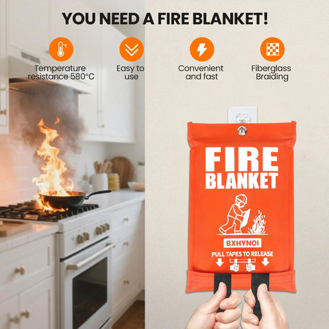 Fire in kitchen illustrating Two Pack Fire Blanket 40 By 40 Inches For Kitchen And Home Emergency Fire Suppression with orange pouch.