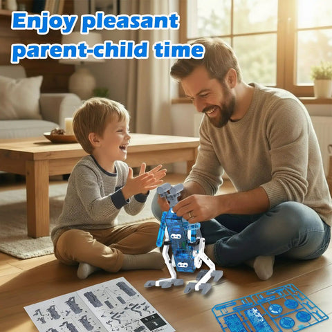 Father and child building a robot using Solar Powered 25-In-1 Robot Kit For Kids Aged 8 To 12, STEM educational toy