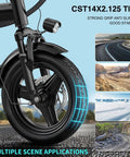 Close-up of tire on Dope Folding Electric Bike For Adults And Teens, showcasing CST tire and dual disc brakes for stability.