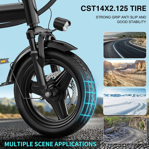 Close-up of tire on Dope Folding Electric Bike For Adults And Teens, showcasing CST tire and dual disc brakes for stability.