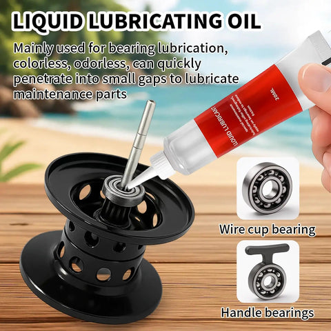 All Purpose Fishing Reel Lubricant Kit 1.35oz With Liquid Oil And Solid Grease being applied to a fishing reel bearing