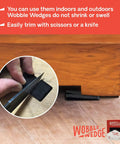 Wobble Wedges Flexible Plastic Shims 30 Pack for Home Improvement and DIY Projects Black Leveling Spacers for Tables Furniture Toilets Beds and More Made in USA being trimmed and used under furniture.