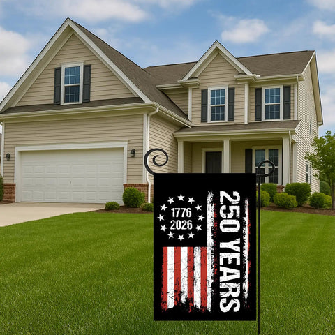 250th Anniversary Patriotic Garden Flag Double Sided 12x18 Inches With Stars And Stripes Design 1776-2026 Commemorative Blessings Banner Yard Outdoor Display Great For Garden Or Patio Decor against suburban house
