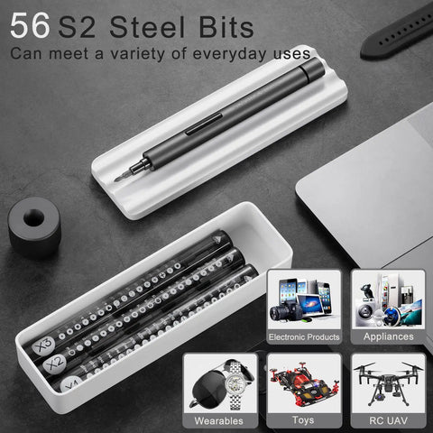 69 In 1 Mini Electric Screwdriver Kit With Type C Recharge, Dual Torque, And LED Light, showcases 56 S2 precision bits.