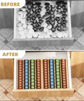 Bamboo Coffee Pod Drawer Organizer For Nespresso Vertuo Vertuoline Pods, neatly organized pods in kitchen drawer.