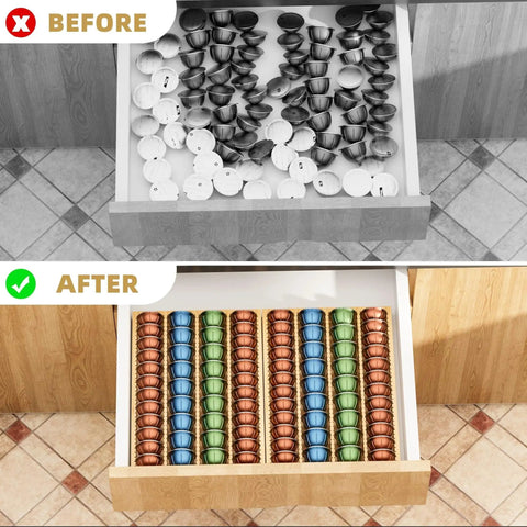Bamboo Coffee Pod Drawer Organizer For Nespresso Vertuo Vertuoline Pods, neatly organized pods in kitchen drawer.