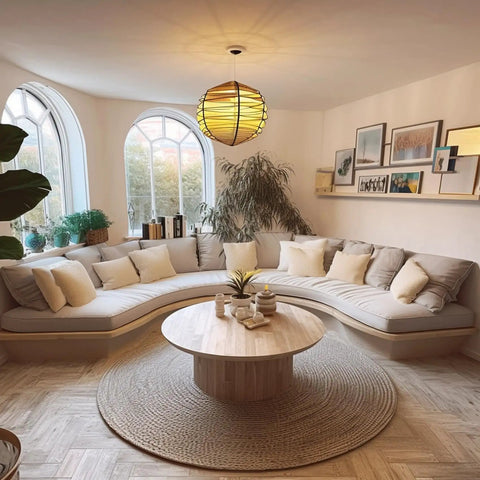 Cozy living room with a light grey modular couch, a round wooden coffee table on a woven rug, and decorative plants by arched windows.