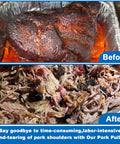 Before and after images showing the effectiveness of the Heavy Duty 3 Inch Stainless Steel Pork Puller Electric Drill Attachment.