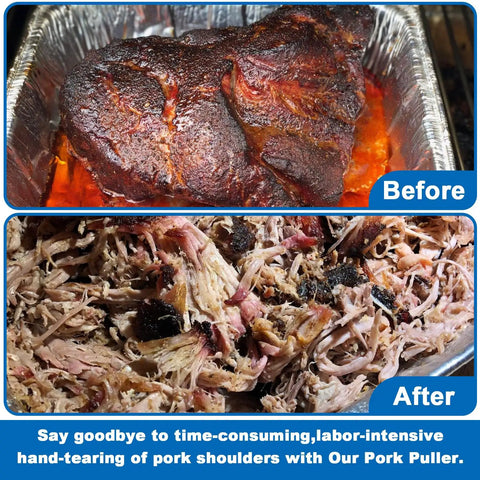 Before and after images showing the effectiveness of the Heavy Duty 3 Inch Stainless Steel Pork Puller Electric Drill Attachment.