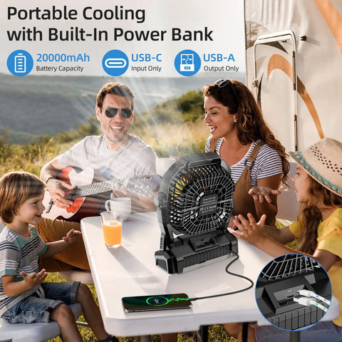 Rechargeable Camping Fan With 20000mAh Battery, LED Light, Hook on table with family enjoying outdoor gathering