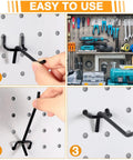 100 Pack Stainless Steel Pegboard Hooks, 4 Inch Black Wall Mount Pegboard Hangers installed on pegboard for tool storage